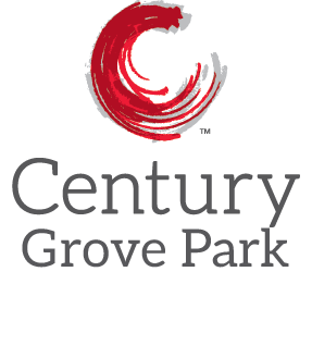 A logo with a red swirl and the words Century Grove Park.